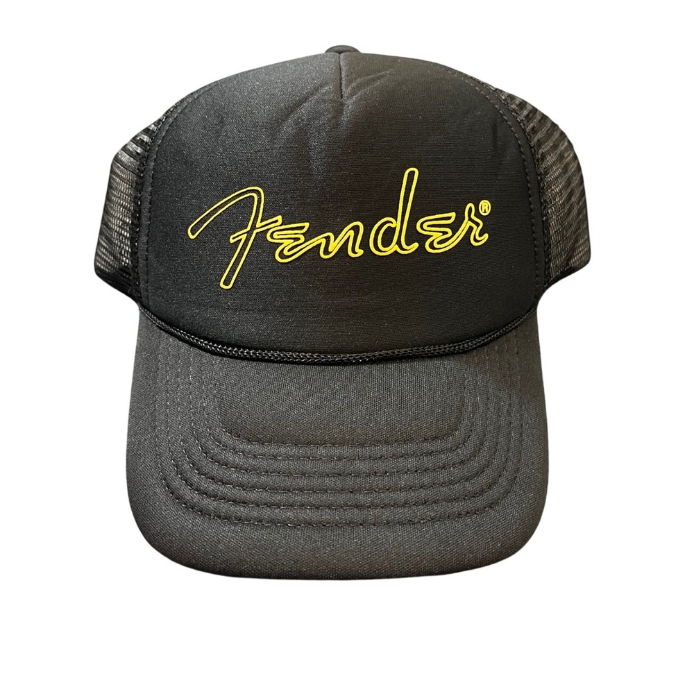 NEW Lucky Brand Fender Trucker Hat Mens OS Black Yellow Logo Mesh Snapback Cap‎